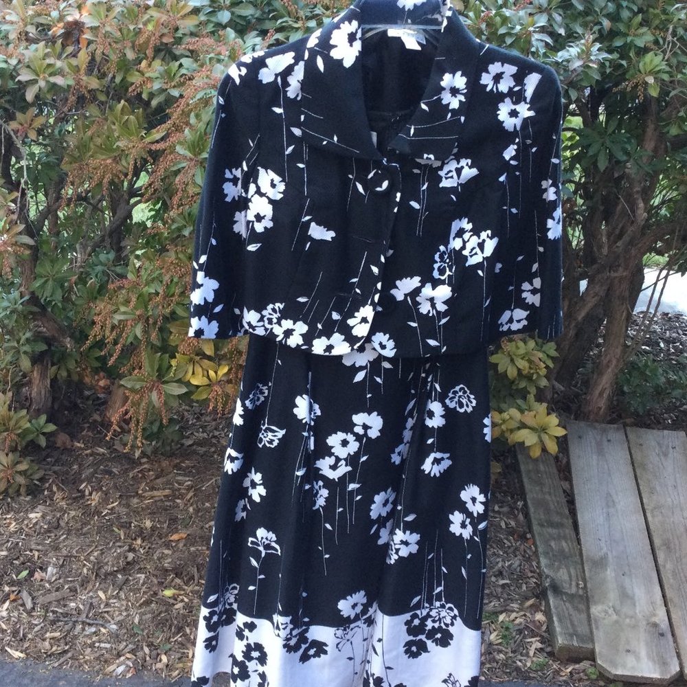Talbots B/W Floral Jacket-Midi Dress 2pc Set